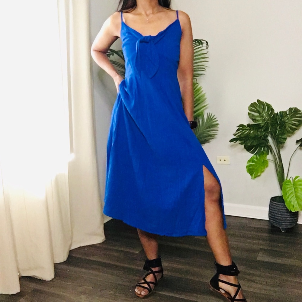 Royal blue tie front side slit dress S, M